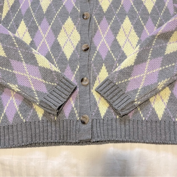 Oak + Fort Argyle Knit Cardigan Grey / Purple / Yellow size Small - Picture 7 of 13